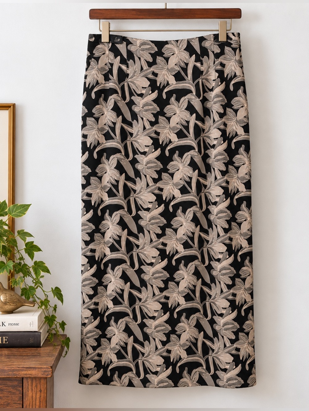 Vintage 90s Black Taupe Botanical Floral Column Maxi Skirt M 10